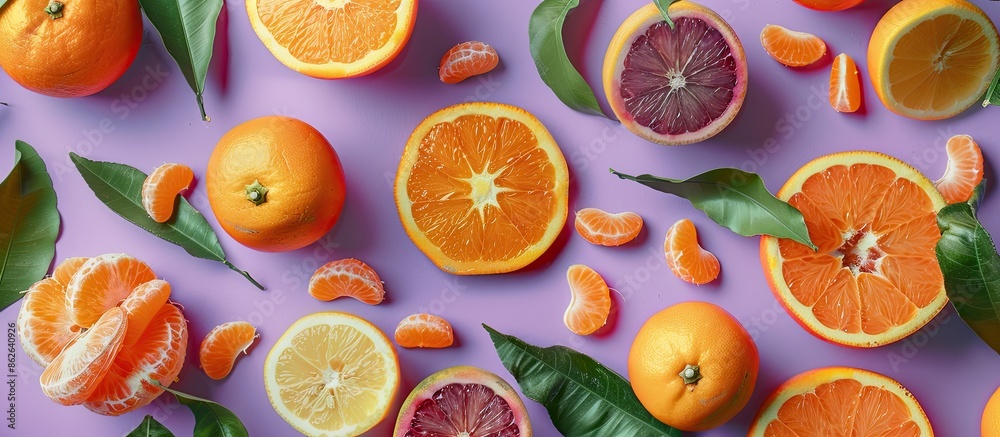 Poster A flat lay image featuring various citrus fruits, including tangerines, on a lilac surface, with room for adding text within the composition. Copy space image. Place for adding text and design