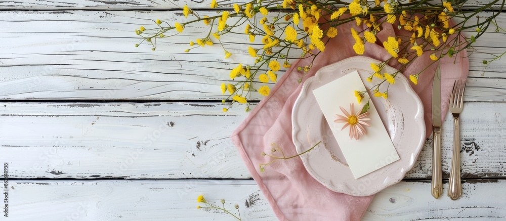 Aufkleber romantic rustic table display featuring paper card, pink napkin, and yellow flowers on a white woode