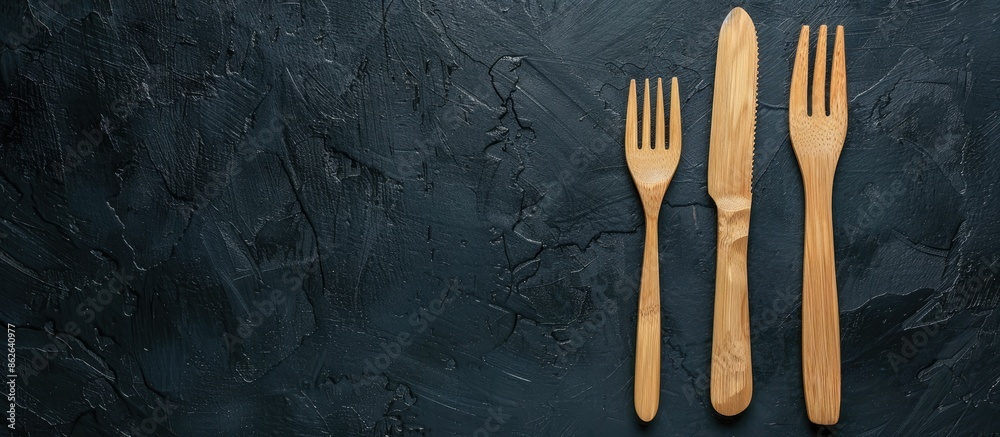 Aufkleber Eco-friendly wooden knife and fork on a black background with copy space image for text, emphasizing the zero-waste concept in a top view.
