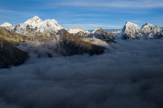 Aerial view of Himalayas with Everest, Lho tse, Cholatse, Nuptse, and Makalu, Khumjung, Nepal.