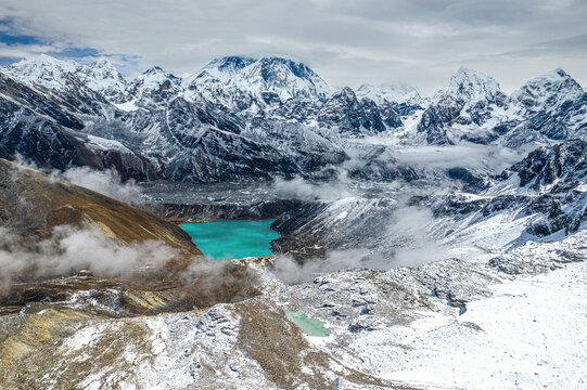 Aerial view of Gokyo lake with Cholatse, Taboche, and Arakam tse mountains, Khumjung, Nepal.