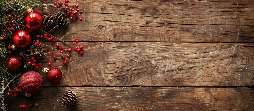 Poster Vintage retro style Christmas decorations displayed on a rustic wood background with empty space for text or copy space image.