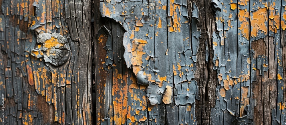 Poster soft-focus close-up of weathered wood texture with peeling burnt paint showcasing a copy space image