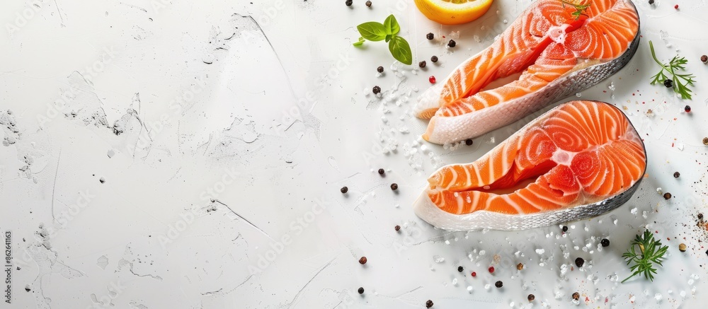 Poster sliced salmon steaks on a plain white backdrop, ready for cooking with copy space image.