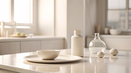 Fototapeta premium Modern Minimalist Kitchen Interior. A bright, minimalist kitchen featuring a sleek marble countertop with white ceramic kitchenware.