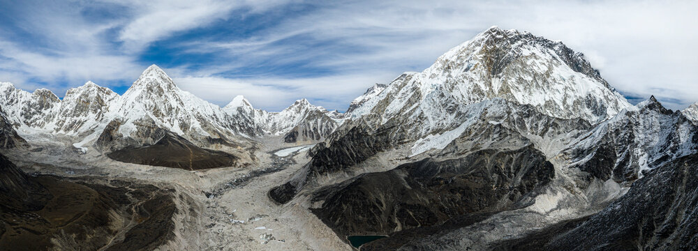 Aerial view of Mount Nuptse, Kongma tse, Khumbu glacier with snowy mountains, Nepal.