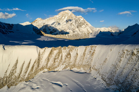 Aerial view of majestic snow-covered Himalayas with Barun glacier, West pass, and Makalu, Chheskam, Nepal.