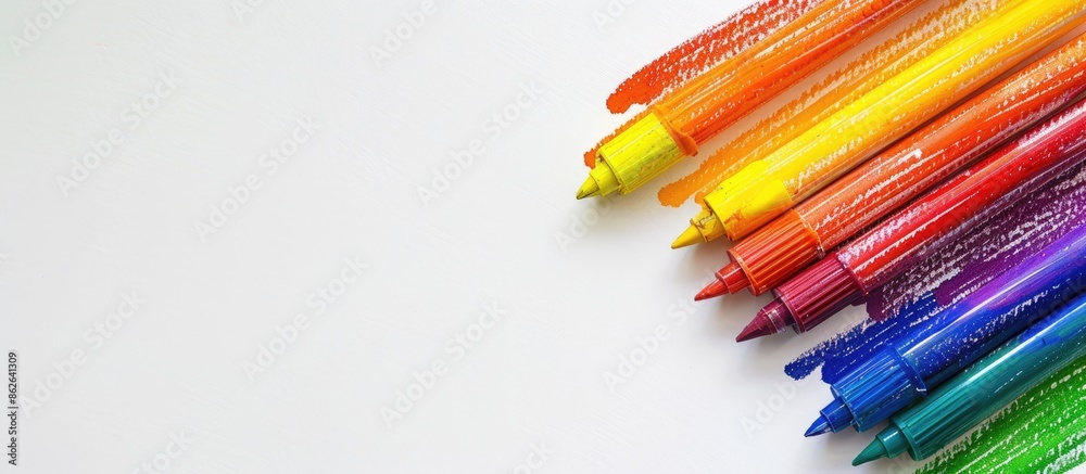 Poster rainbow-colored markers on a white backdrop resembling the lgbtq pride flag with copy space image.