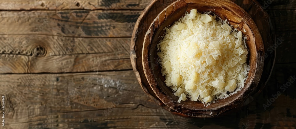 Poster top-down shot of grated parmesan in a bowl with a copy space image available.