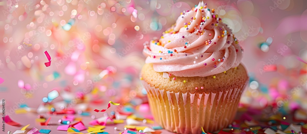 Poster copy space image featuring a cupcake on a confetti background.