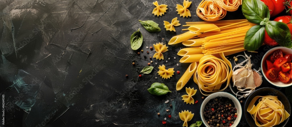Aufkleber cooking concept showcasing different types of pasta with a copy space image.