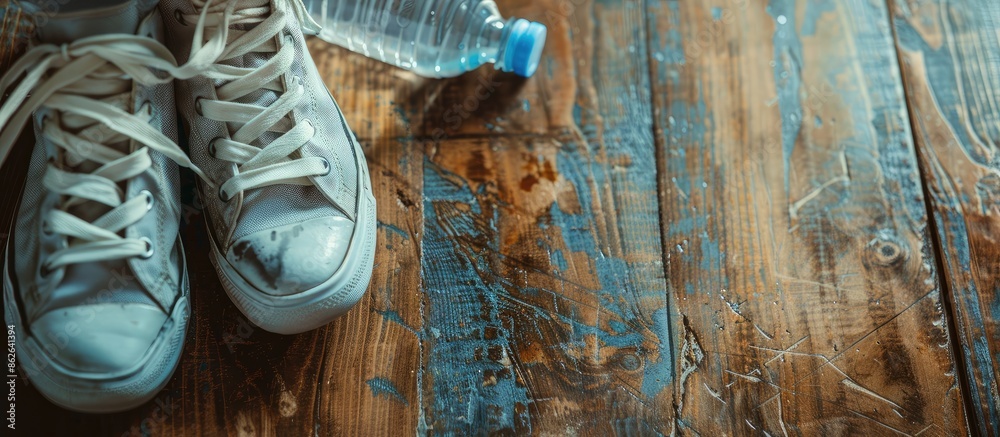 Poster health and wellness theme portrayed with sneakers and a water bottle on a wooden surface, featuring 