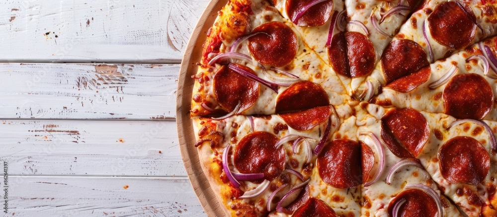 Poster delectable pizza topped generously with kasseri cheese and onion slices, showcased in a copy space i