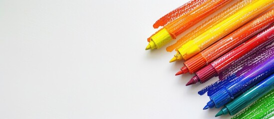 Fototapeta premium Rainbow-colored markers on a white backdrop resembling the LGBTQ pride flag with copy space image.