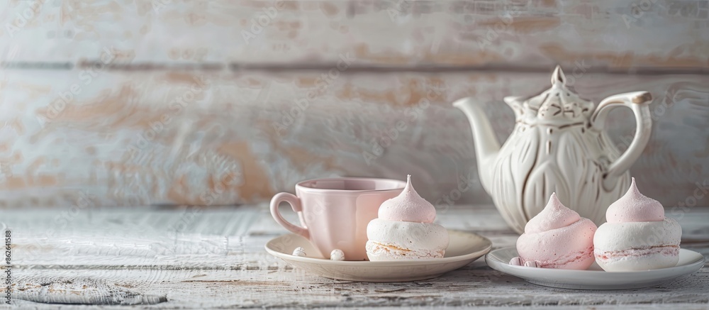 Poster Close-up shot of pastel-hued meringues with cups and a jug on a light textured wood backdrop, evoking a cozy breakfast setting, with a soft and tender ambiance, allowing for a copy space image.