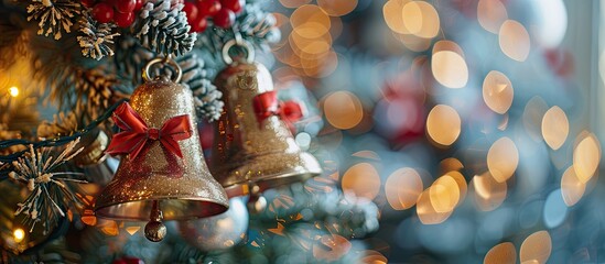 Festive holiday decorations such as Christmas bells, a beautifully adorned Christmas tree, and New Year&#x27;s attire bring joy and cheer to the season. Copy space image. Place for adding text and design