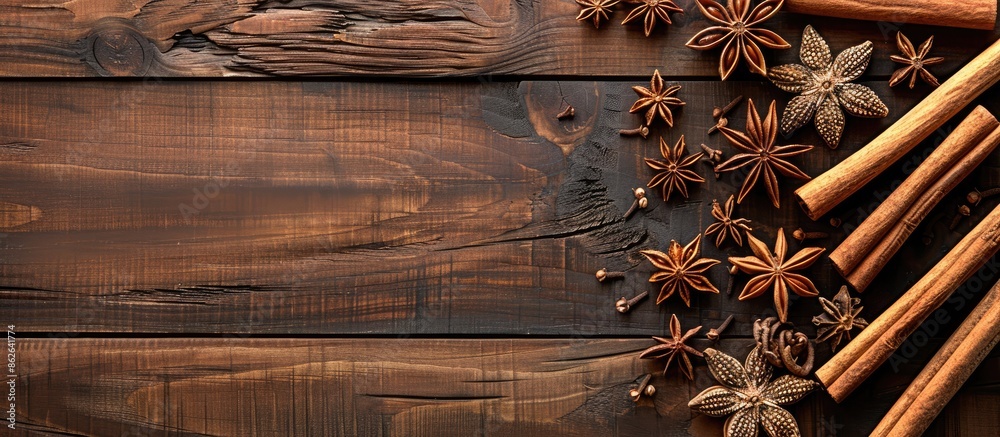Poster wooden table adorned with aromatic cinnamon sticks and anise stars in a flat lay arrangement with av