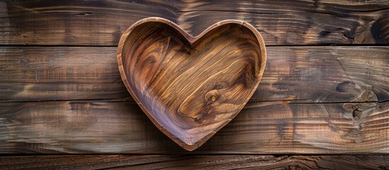 Top view of a heart-shaped wooden plate on a wooden background with copy space image.