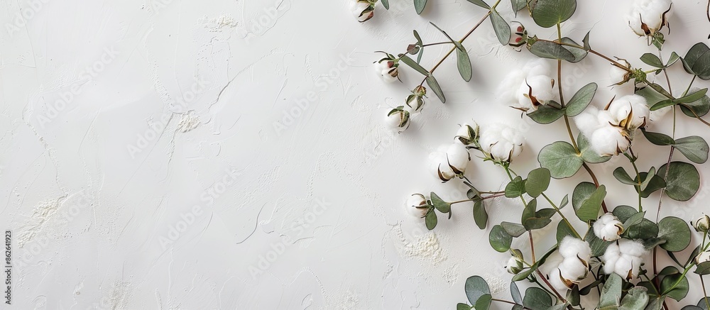 Poster top view of delicate white cotton flowers and fresh eucalyptus twigs on a light gray background in a