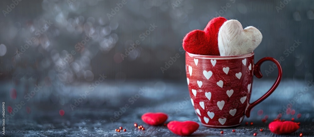 Aufkleber valentine's day greeting concept with decorative hearts in cup on dark background, ideal for a copy 
