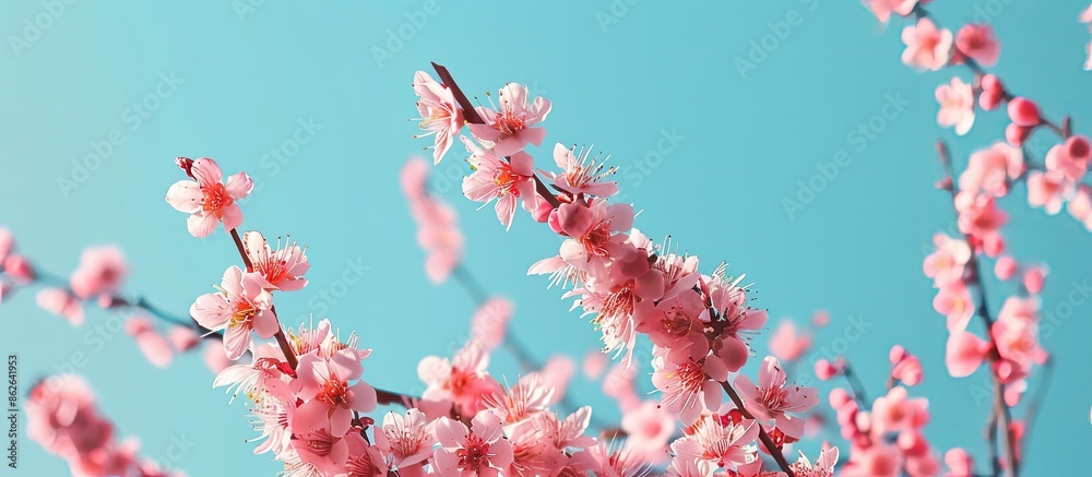 Poster plum tree blossoms against a backdrop of a clear blue sky with copy space image.