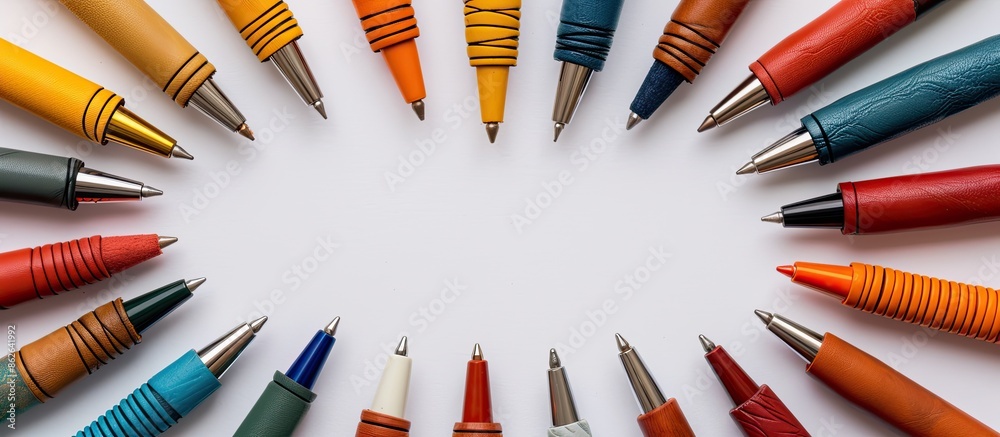 Aufkleber top view of a variety of colorful leather pens in a concept shot with blank space for text against a