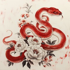 Obraz premium Happy Chinese New Year 2025, snake zodiac sign symbol. Artistic depiction of the year of the snake with elegant floral details.