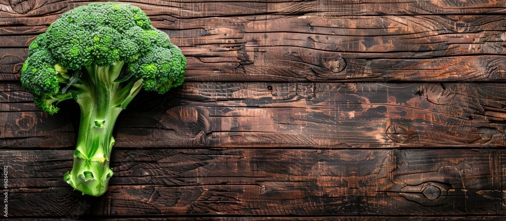 Poster broccoli on a wooden backdrop with copy space image.