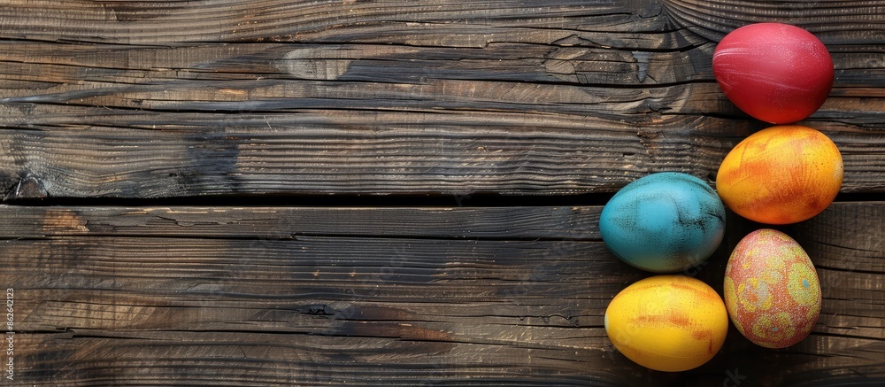 Poster wooden background with colorful easter eggs, ideal for copy space image.