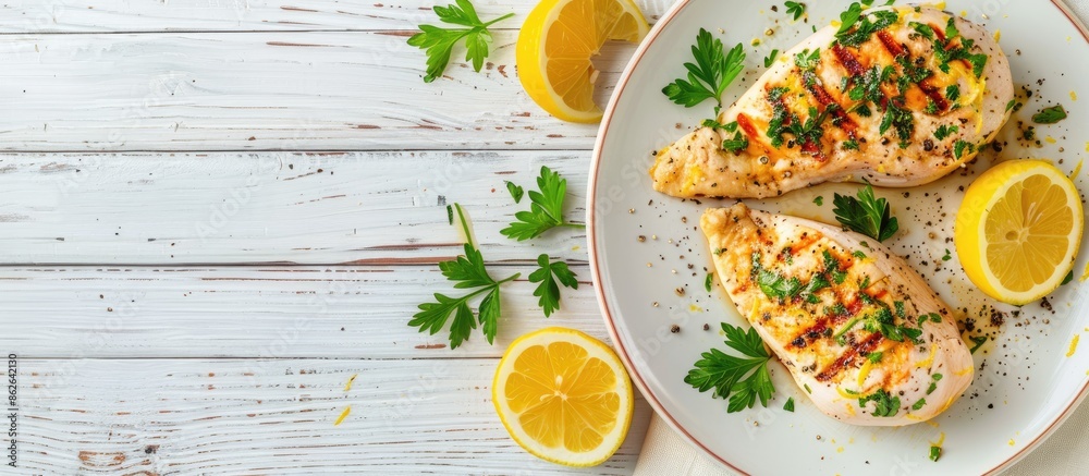 Aufkleber healthy chicken breasts topped with parsley and citrus on a white wooden backdrop in a top view copy