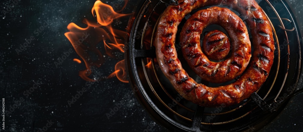 Poster Top-down view of barbecue grilled spiral pork sausages on a grill, set against a black background with ample space for additional content in the image.