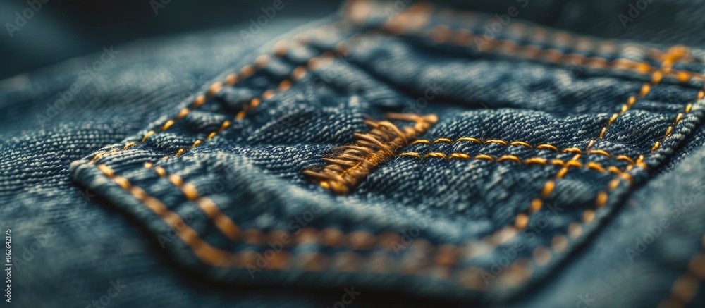 Aufkleber close-up copy space image showcasing intricate stitched detailing on a pocket of denim jeans, highli