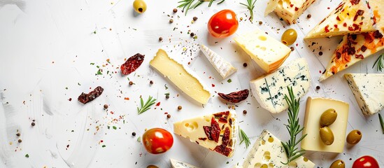 A top-down view shows cheese boards with a variety of cheeses, accompanied by olives, sun-dried tomatoes, and herbs on a white table background with copy space for a restaurant menu setting.