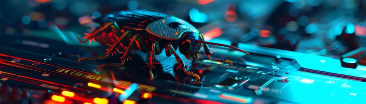 Neon Futuristic Scene with Cockroach on Space Station Food Tray - Sci-Fi Holographic Details in Vibrant Hues