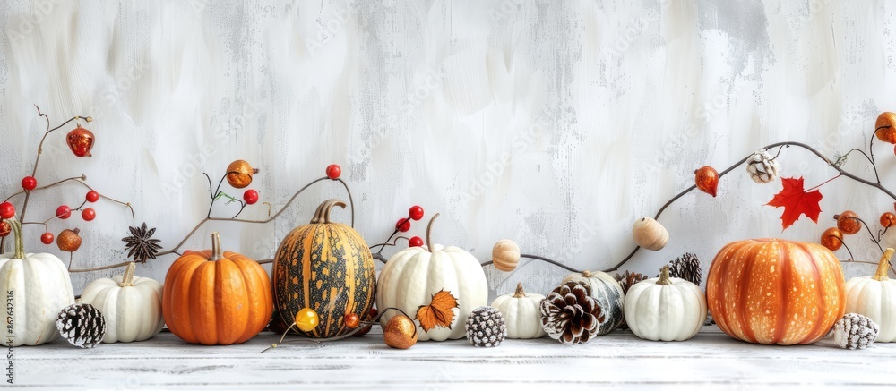 Poster Fall-themed setup with pumpkins and decorations on a rustic white table. Ideal for autumn concepts or messages with available copy space image.