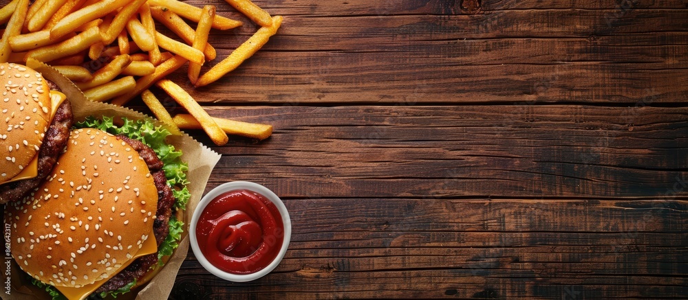 Poster a homemade burger and fries on a wooden table with a top view, featuring a copy space image.