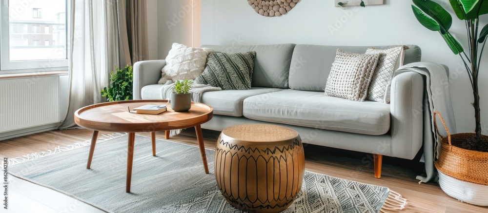 Aufkleber Cozy living room with grey sofa and coffee tables, featuring blank space for adding an image. Copy space image. Place for adding text and design
