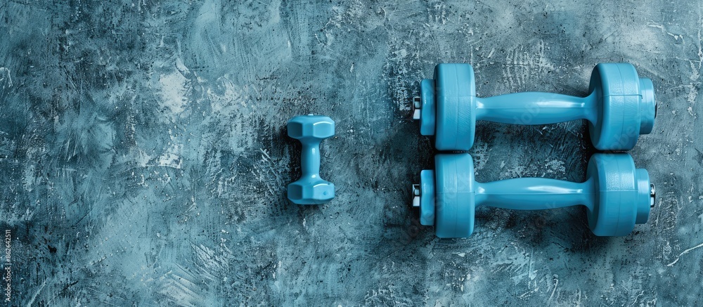 Poster cyan blue plastic dumbbells on a grey textured background for a fitness concept, with a pair of smal