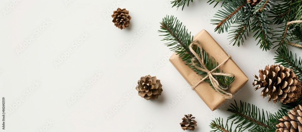 Aufkleber Christmas-themed background featuring a gift box, pine branch, and cone on a white backdrop. Top view with a prominent empty space for text or other elements in the image. Copy space image