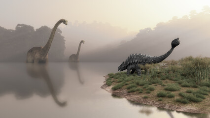 Prehistoric lake with dinosaurs. Diplodocus and ankylosaurus.