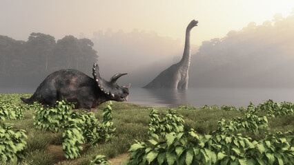 Prehistoric lake with dinosaurs. Brachiosaurus and triceratops. © Orlando Florin Rosu