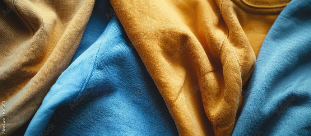 Poster close-up of two sweatshirts in blue and ochre colors with copy space image.