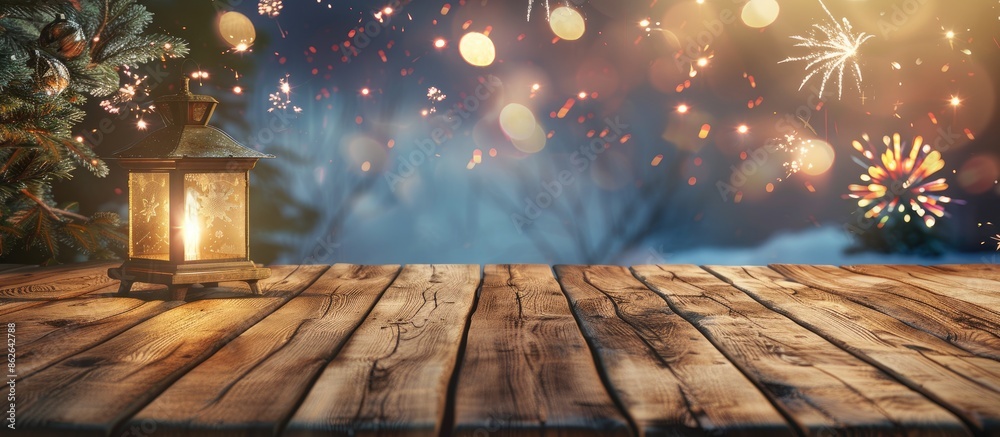 Aufkleber A wooden desk offers a perfect setting for your decorations, featuring a blurred lamp and fireworks in a sky background for a stunning copy space image.