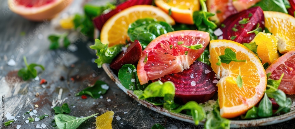Poster fresh and healthy citrus salad with beets and green leaf lettuce on a table with a food background, 
