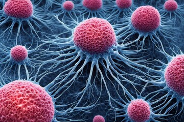 An abstract depiction of bacteria and viruses in various intricate shapes and surface structures, set against a mysterious background, AI-generated 