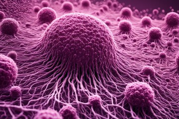 An abstract depiction of bacteria and viruses in various intricate shapes and surface structures, set against a mysterious background, AI-generated 