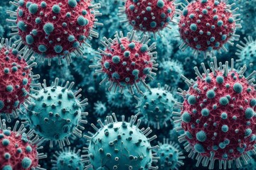 An abstract depiction of bacteria and viruses in various intricate shapes and surface structures, set against a mysterious background, AI-generated 