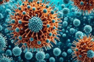 An abstract depiction of bacteria and viruses in various intricate shapes and surface structures, set against a mysterious background, AI-generated 