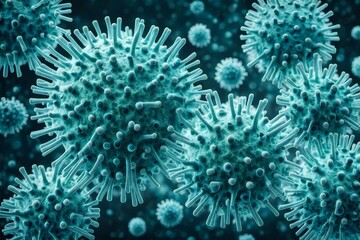 An abstract depiction of bacteria and viruses in various intricate shapes and surface structures, set against a mysterious background, AI-generated 