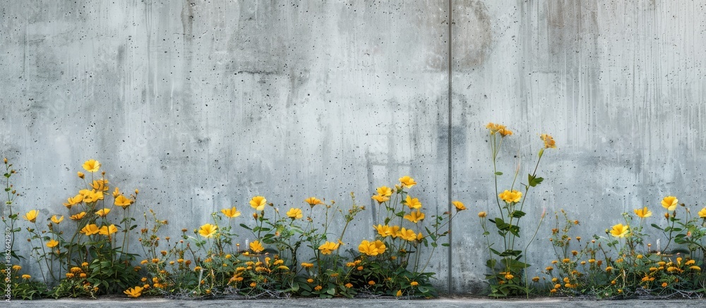 Leinwandbilder wild yellow flowers blooming alongside a concrete wall providing a unique backdrop with empty space 
